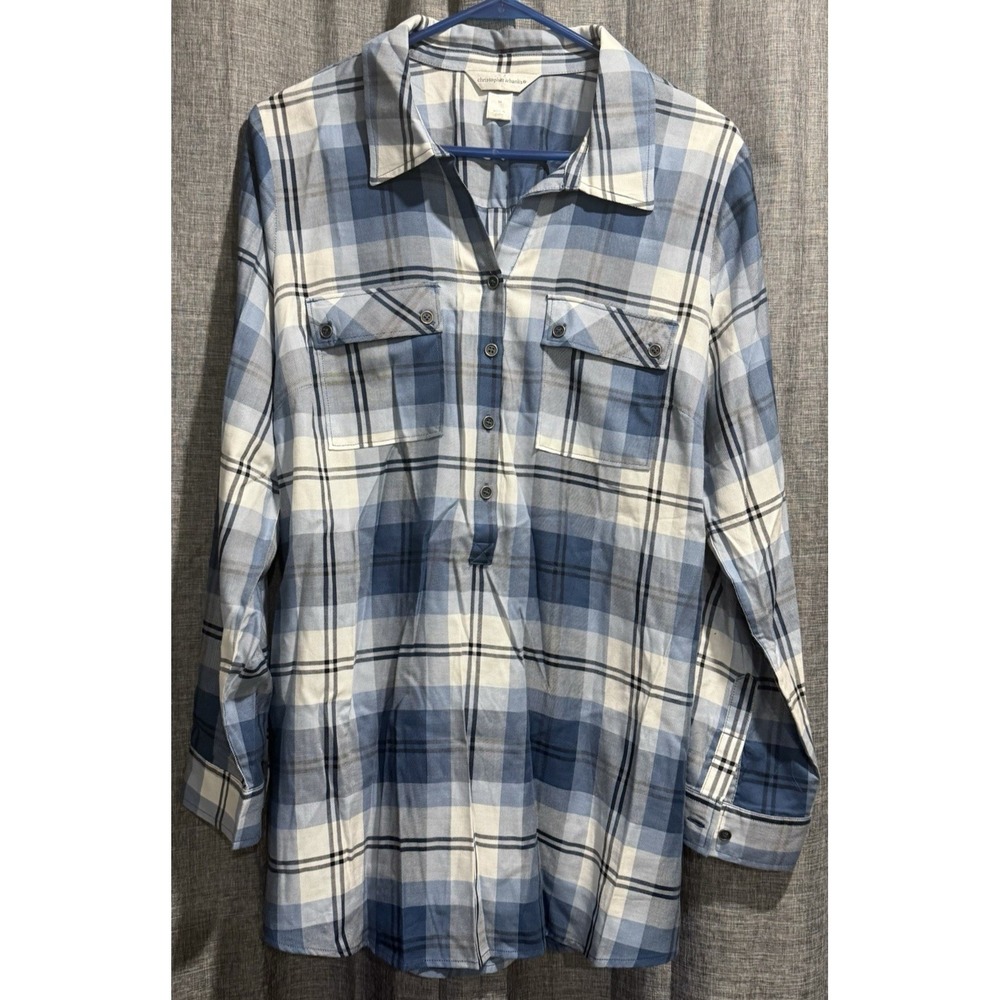 Christopher & Banks 1/2 Button Roll Tab Sleeve Size Medium Blue Plaid 4 Pockets